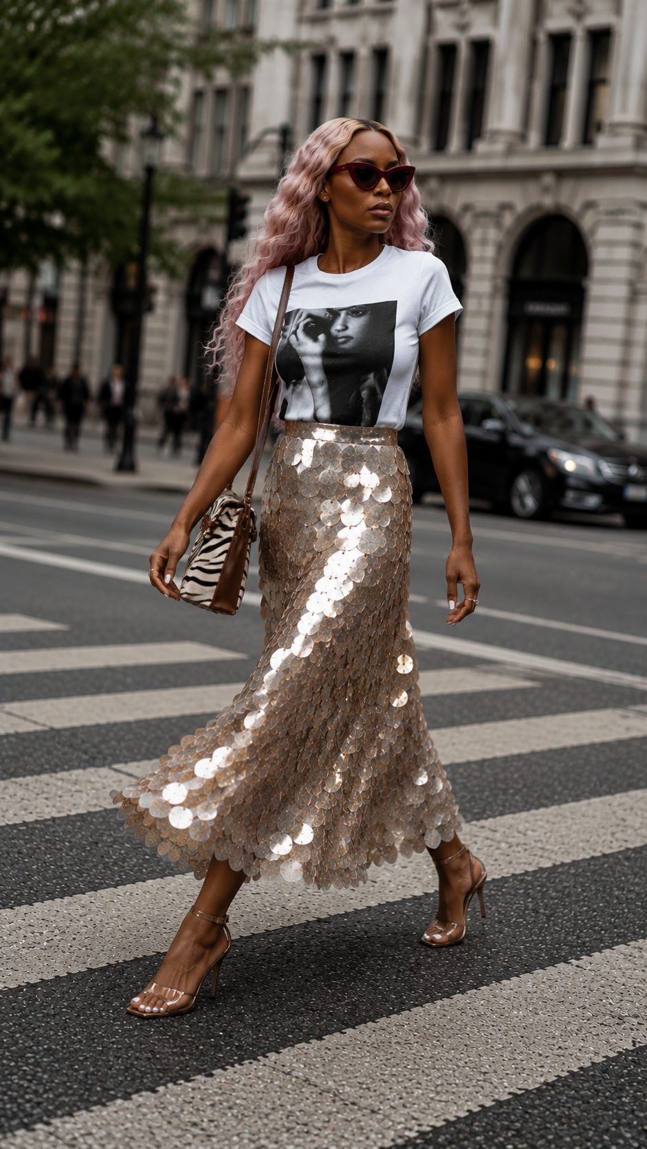 Who upset the model black and white printed tee